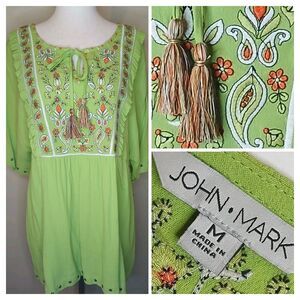 John Mark Top M Lime Green Embroidered w Tassle Tie & Metal Eyelet Trim $129